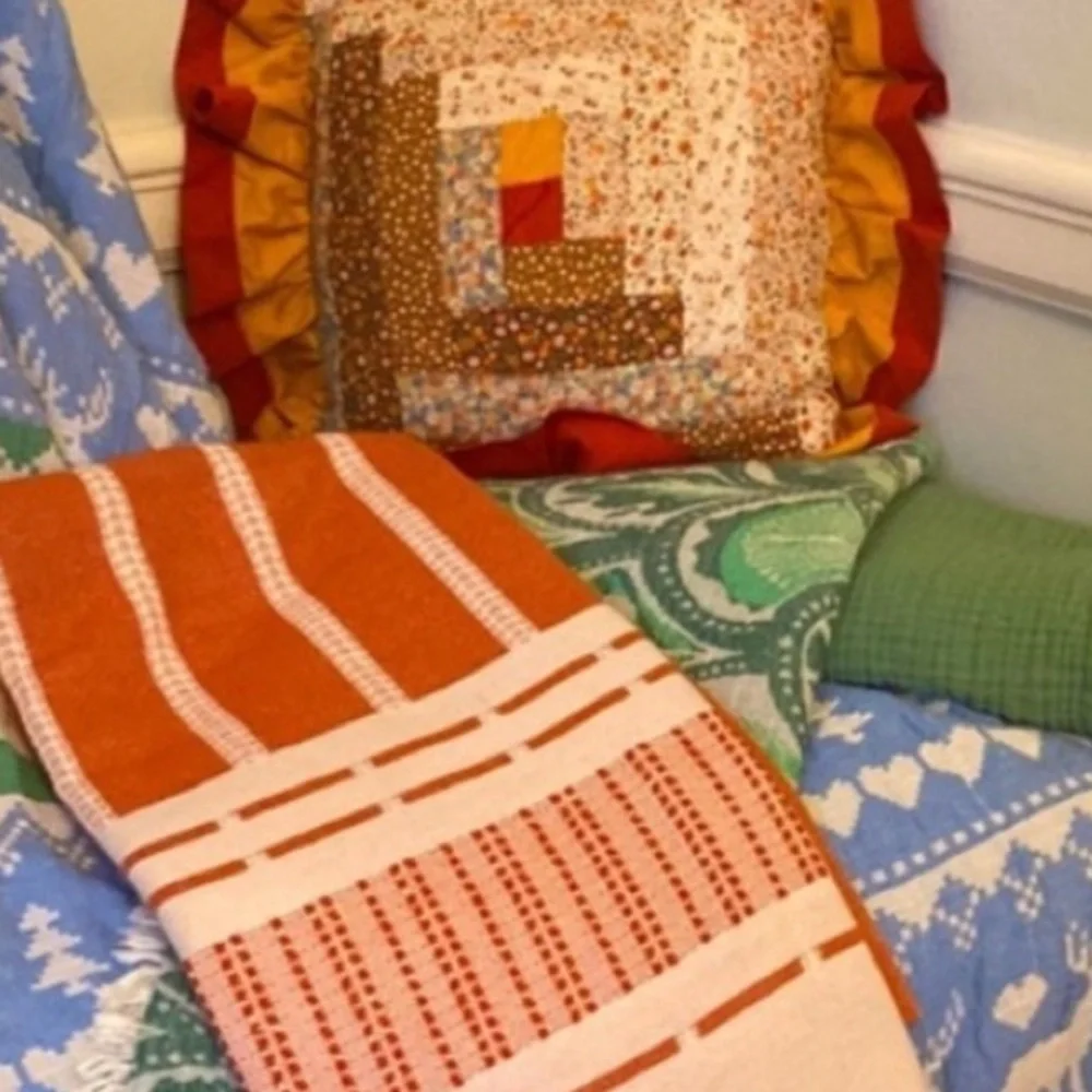 Antique Log Cabin Quilt Pillow Floral Back Terracotta Gold Applecore Aesthetic